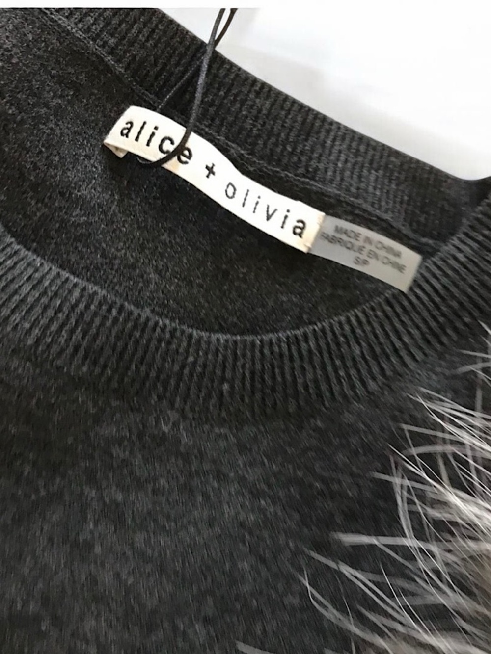 NWOT Alice + Olivia Ciara Charcoal Knit Sweater with Fur Sleeves - Picture 4 of 6